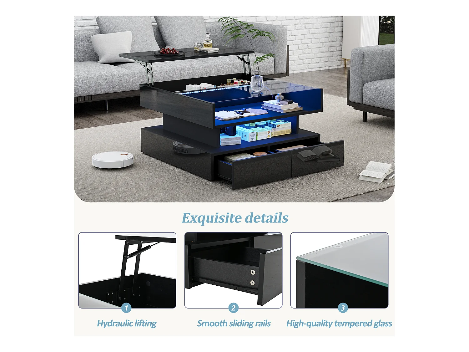 Höhenverstellbarer Couchtisch 80x80x45 cm - 2 Schubladen - mit LED - Hochglanzfinish - Sicherheitsglas - Schwarz