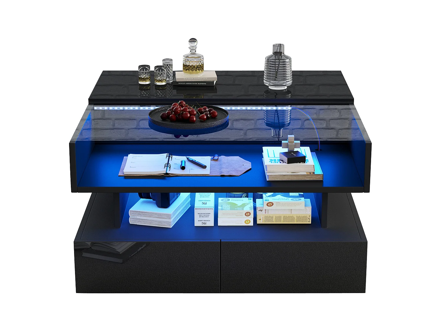 Höhenverstellbarer Couchtisch 80x80x45 cm - 2 Schubladen - mit LED - Hochglanzfinish - Sicherheitsglas - Schwarz