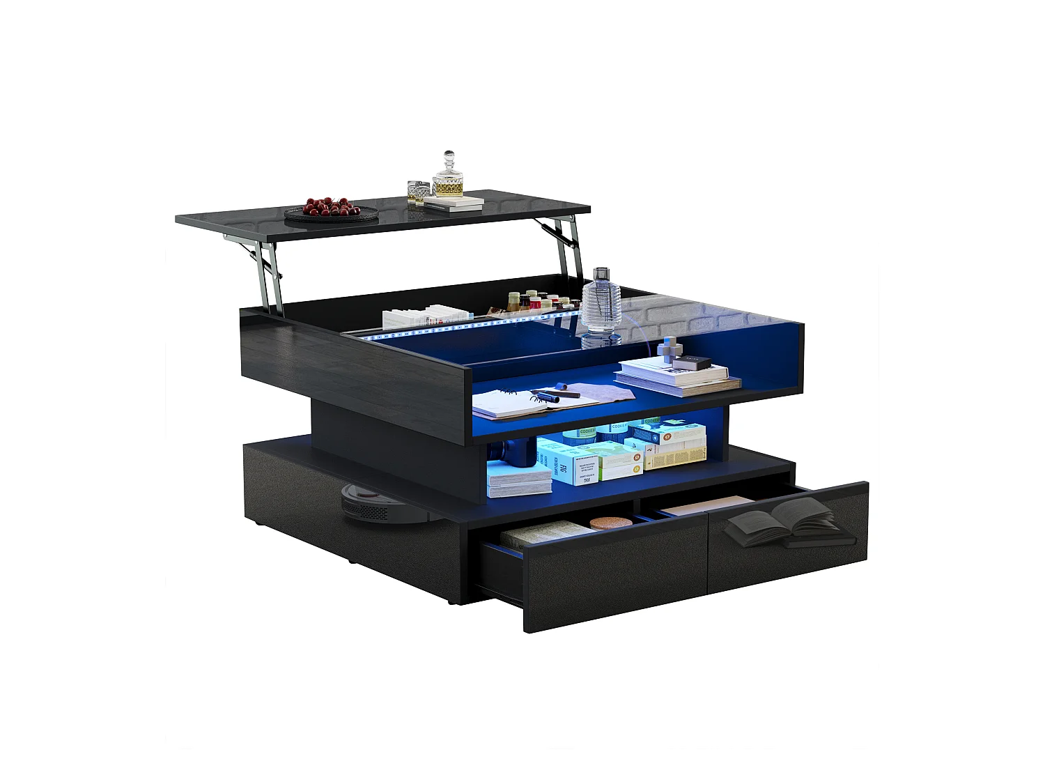 Höhenverstellbarer Couchtisch 80x80x45 cm - 2 Schubladen - mit LED - Hochglanzfinish - Sicherheitsglas - Schwarz