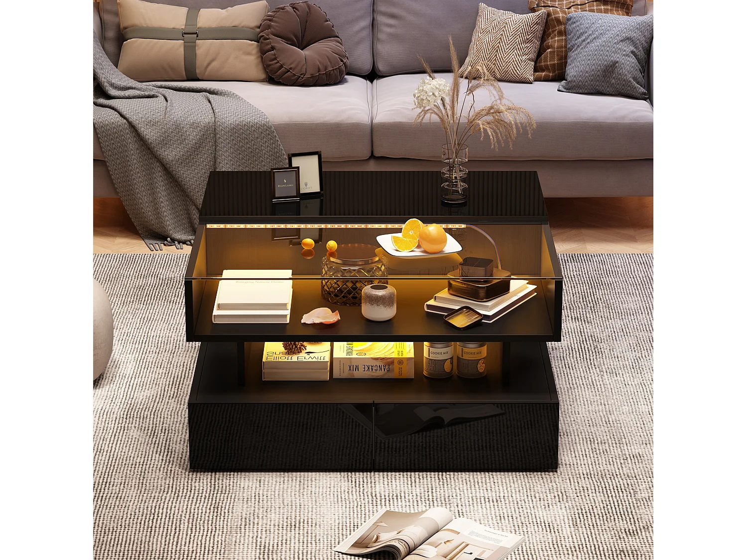 Höhenverstellbarer Couchtisch 80x80x45 cm - 2 Schubladen - mit LED - Hochglanzfinish - Sicherheitsglas - Schwarz