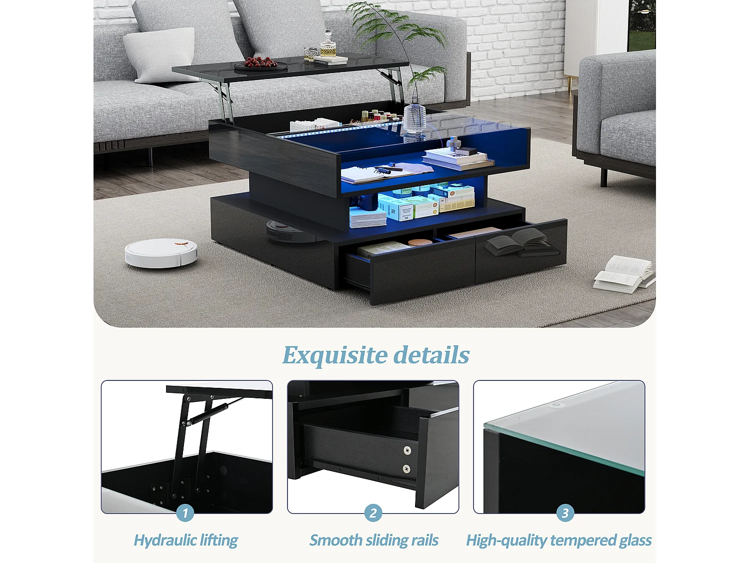 Höhenverstellbarer Couchtisch 80x80x45 cm - 2 Schubladen - mit LED - Hochglanzfinish - Sicherheitsglas - Schwarz