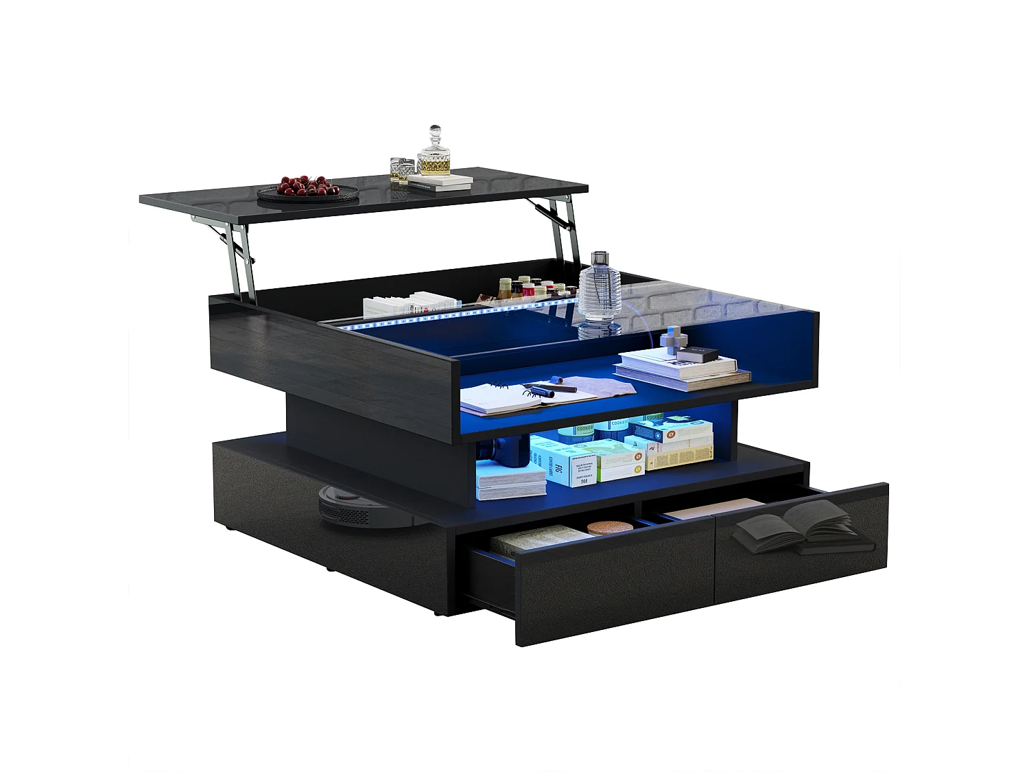 Höhenverstellbarer Couchtisch 80x80x45 cm - 2 Schubladen - mit LED - Hochglanzfinish - Sicherheitsglas - Schwarz