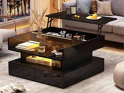 Lift-top coffee table 80x80x45 cm - 2 drawers - with LED lighting - Glossy finish - Tempered glass - Black