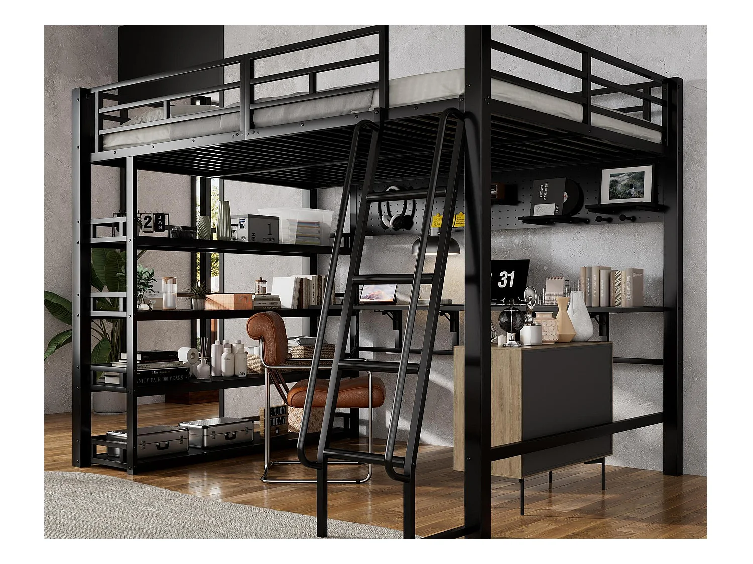 Lit mezzanine 140x200 cm - avec bureau et étagère de rangement - avec port de charge - avec échelle - Métal + panneaux de particules - Noir