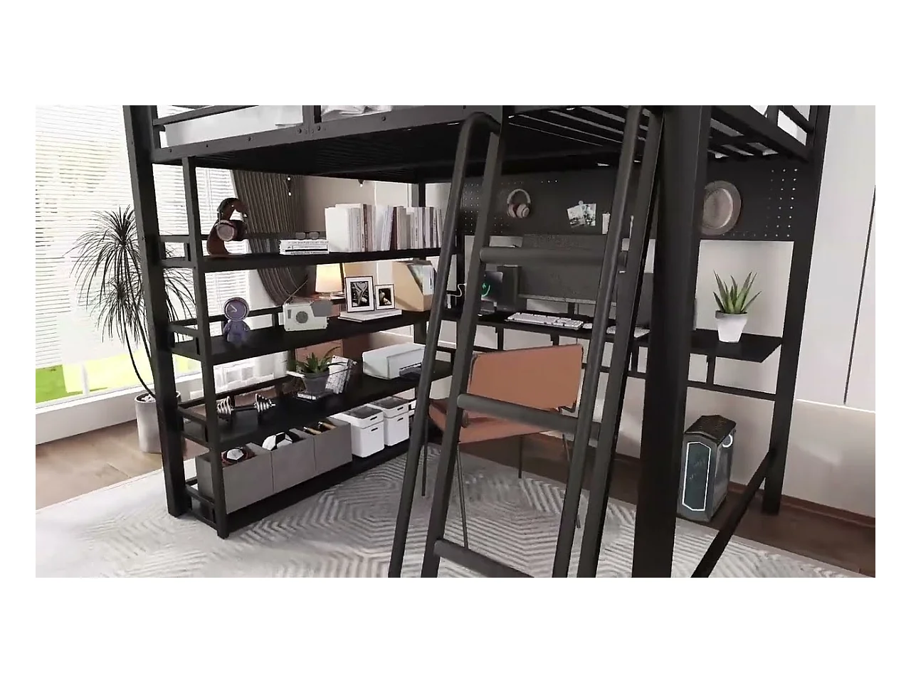 Mezzanine bed 140x200 cm - met bureau en opbergplank - met oplaadpoort - met ladder - Metaal + spaanplaat - Zwart