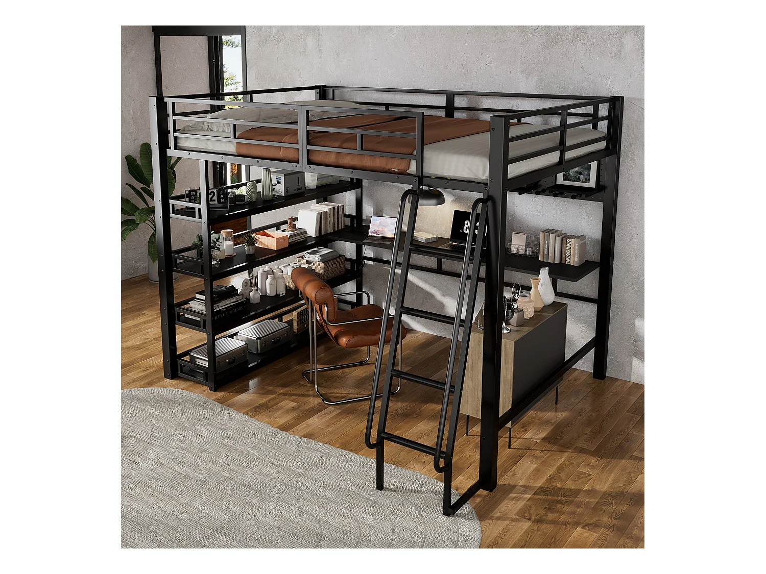 Mezzanine bed 140x200 cm - met bureau en opbergplank - met oplaadpoort - met ladder - Metaal + spaanplaat - Zwart