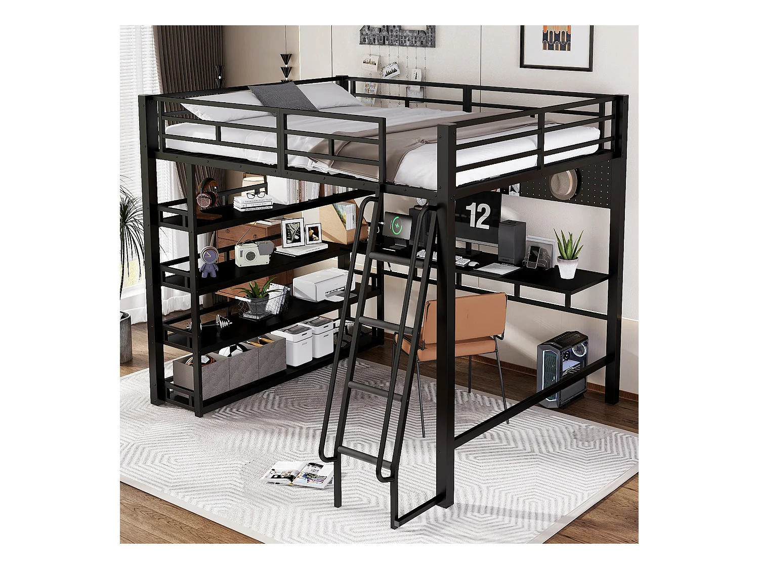 Mezzanine bed 140x200 cm - met bureau en opbergplank - met oplaadpoort - met ladder - Metaal + spaanplaat - Zwart