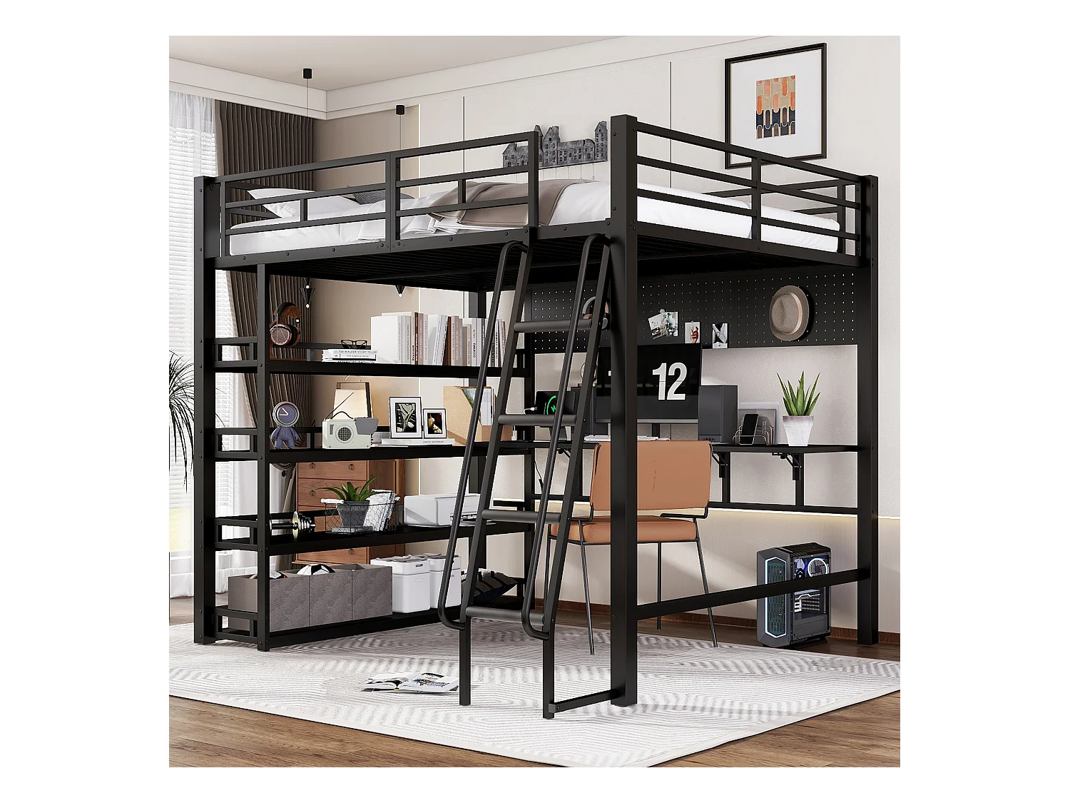 Mezzanine bed 140x200 cm - met bureau en opbergplank - met oplaadpoort - met ladder - Metaal + spaanplaat - Zwart