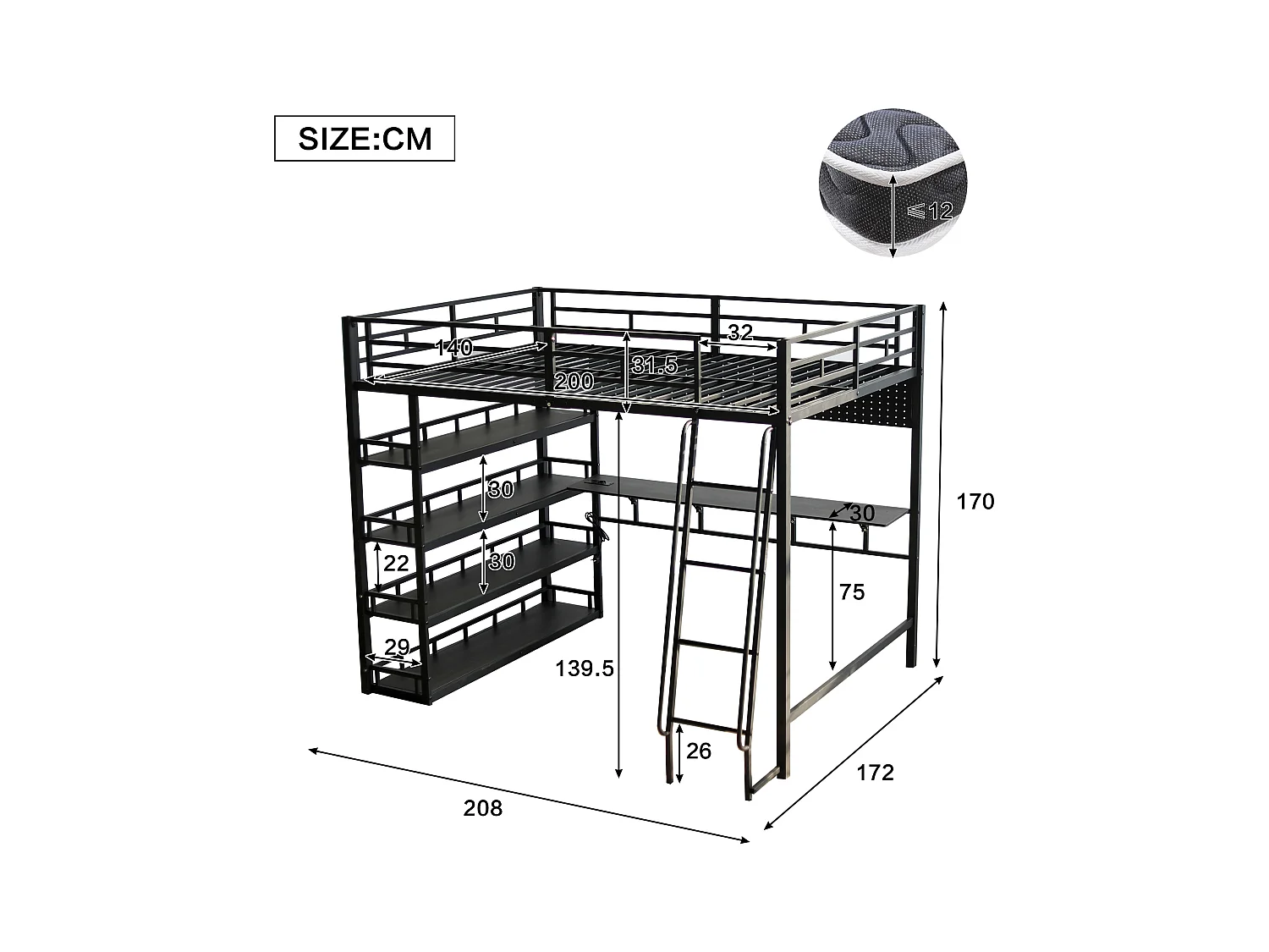 Mezzanine bed 140x200 cm - met bureau en opbergplank - met oplaadpoort - met ladder - Metaal + spaanplaat - Zwart