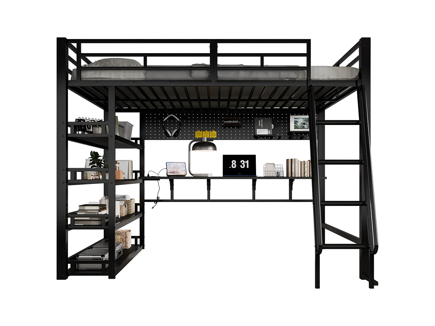 Mezzanine bed 140x200 cm - met bureau en opbergplank - met oplaadpoort - met ladder - Metaal + spaanplaat - Zwart