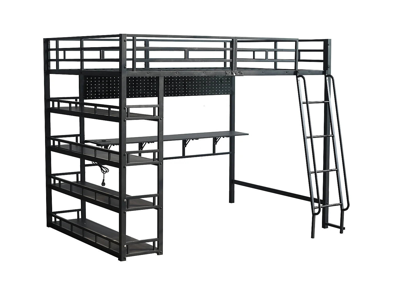 Mezzanine bed 140x200 cm - met bureau en opbergplank - met oplaadpoort - met ladder - Metaal + spaanplaat - Zwart