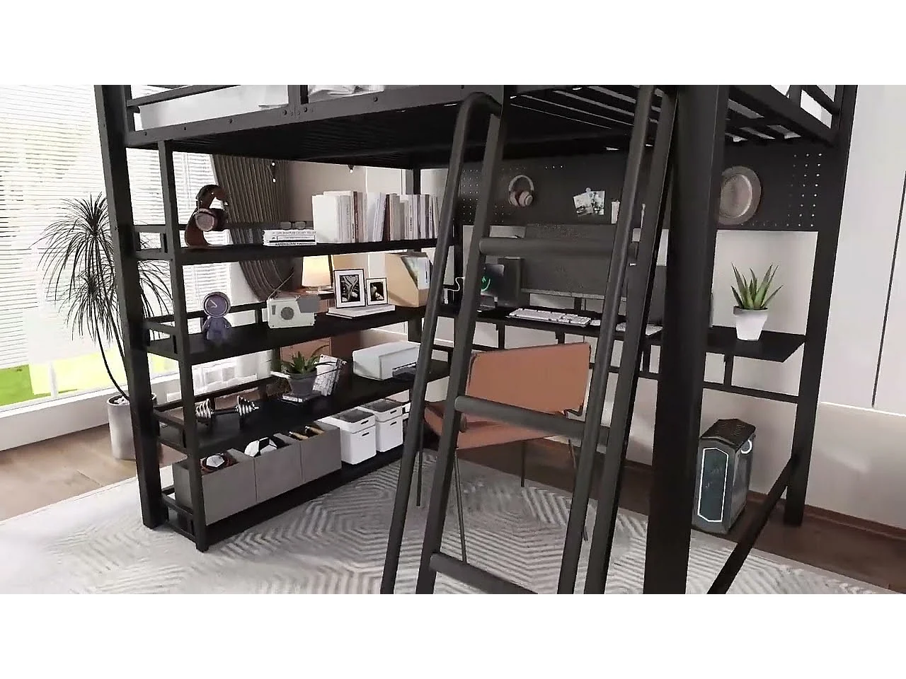 Lit mezzanine 140x200 cm - avec bureau et étagère de rangement - avec port de charge - avec échelle - Métal + panneaux de particules - Noir