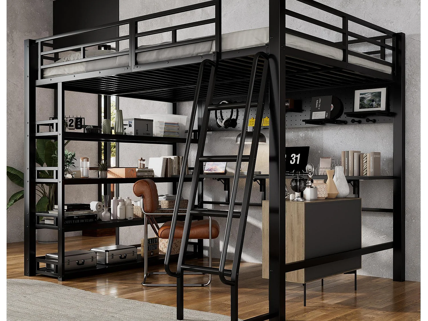 Lit mezzanine 140x200 cm - avec bureau et étagère de rangement - avec port de charge - avec échelle - Métal + panneaux de particules - Noir