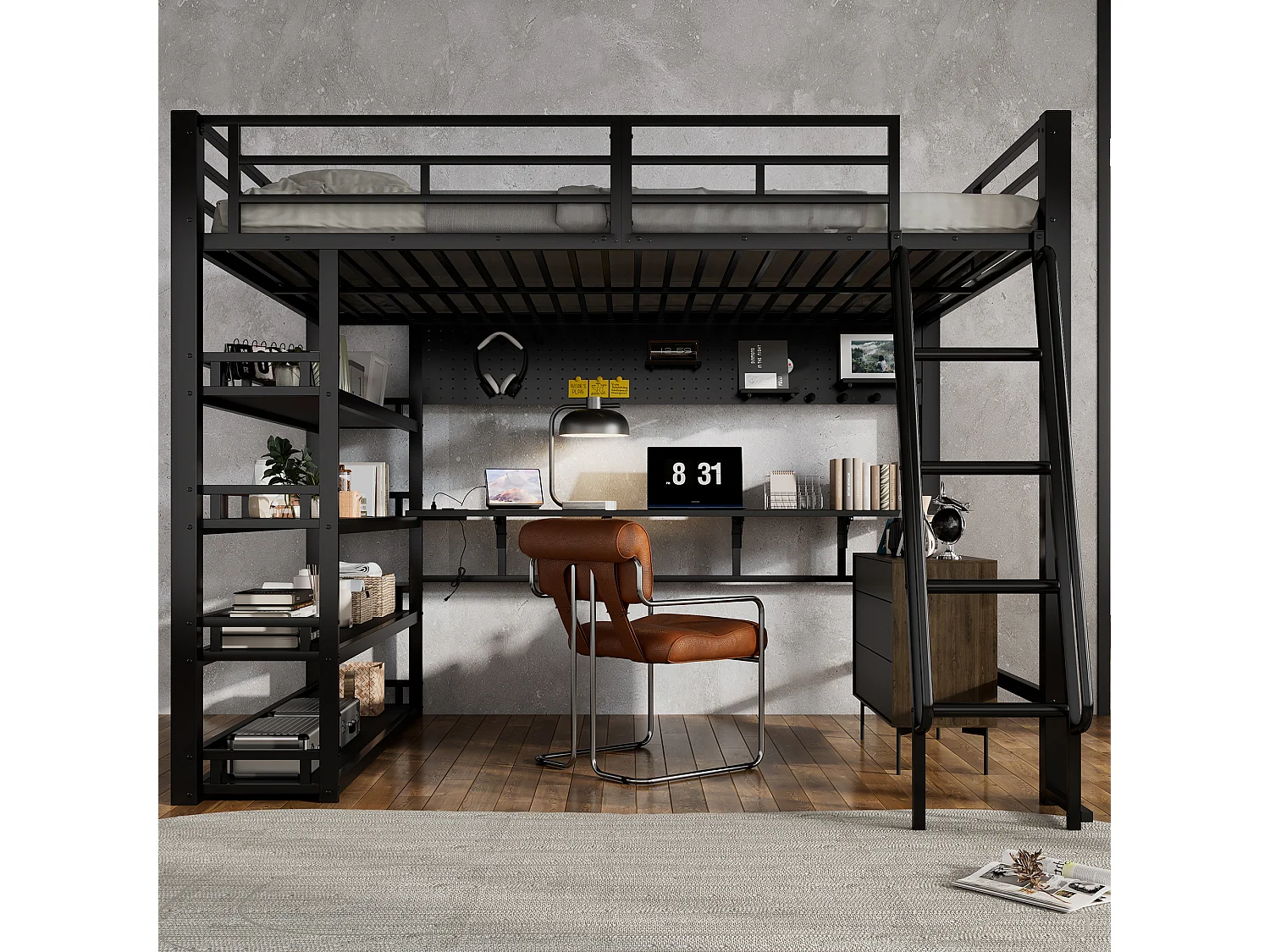 Lit mezzanine 140x200 cm - avec bureau et étagère de rangement - avec port de charge - avec échelle - Métal + panneaux de particules - Noir