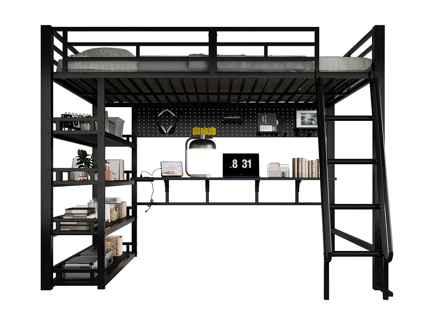 Lit mezzanine 140x200 cm - avec bureau et étagère de rangement - avec port de charge - avec échelle - Métal + panneaux de particules - Noir