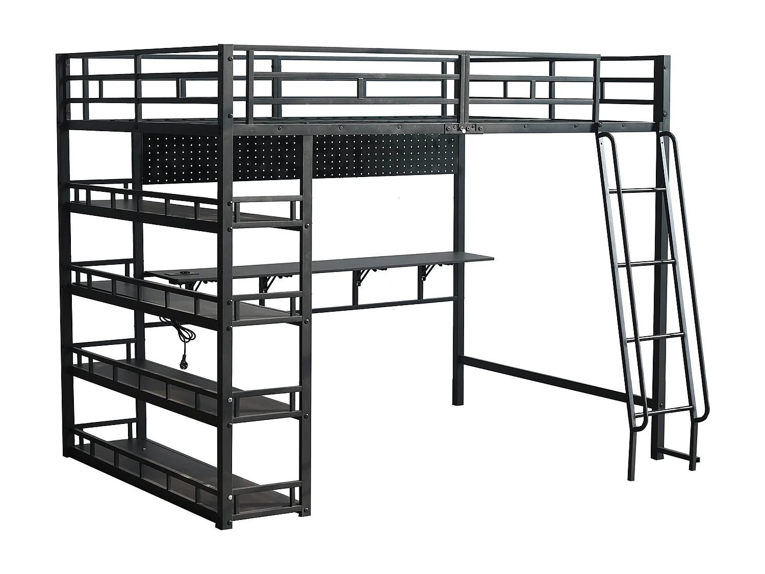 Lit mezzanine 140x200 cm - avec bureau et étagère de rangement - avec port de charge - avec échelle - Métal + panneaux de particules - Noir