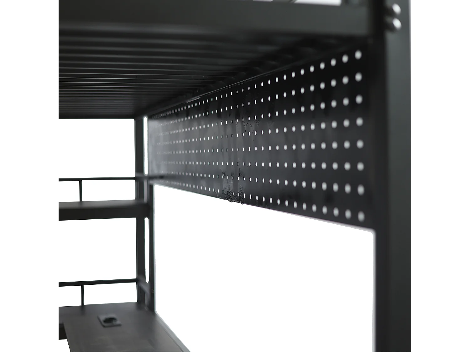 Lit mezzanine 140x200 cm - avec bureau et étagère de rangement - avec port de charge - avec échelle - Métal + panneaux de particules - Noir
