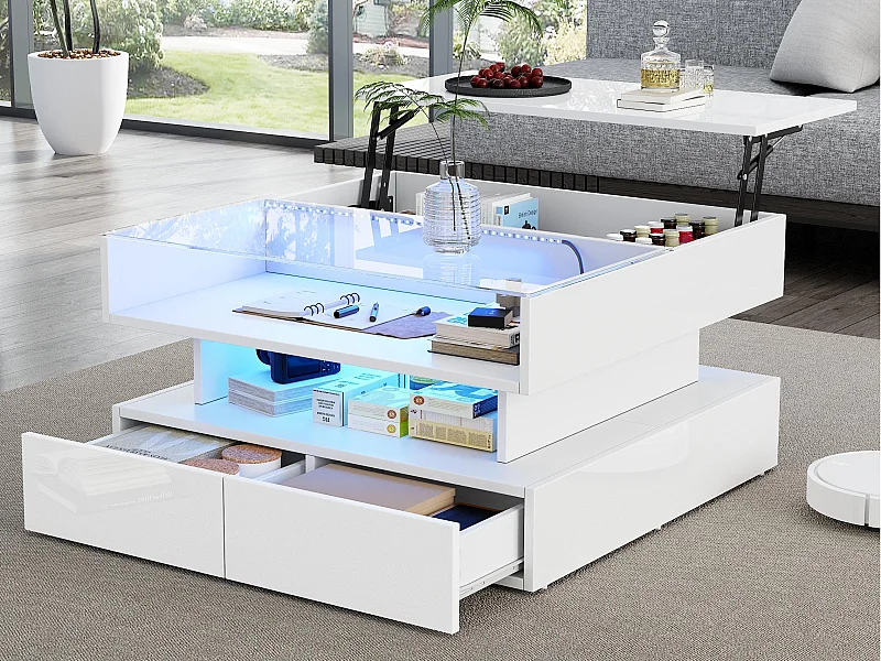 Table basse relevable 80x80x45 cm - 2 tiroirs - avec LED - Finition brillante - Verre trempé - Blanc