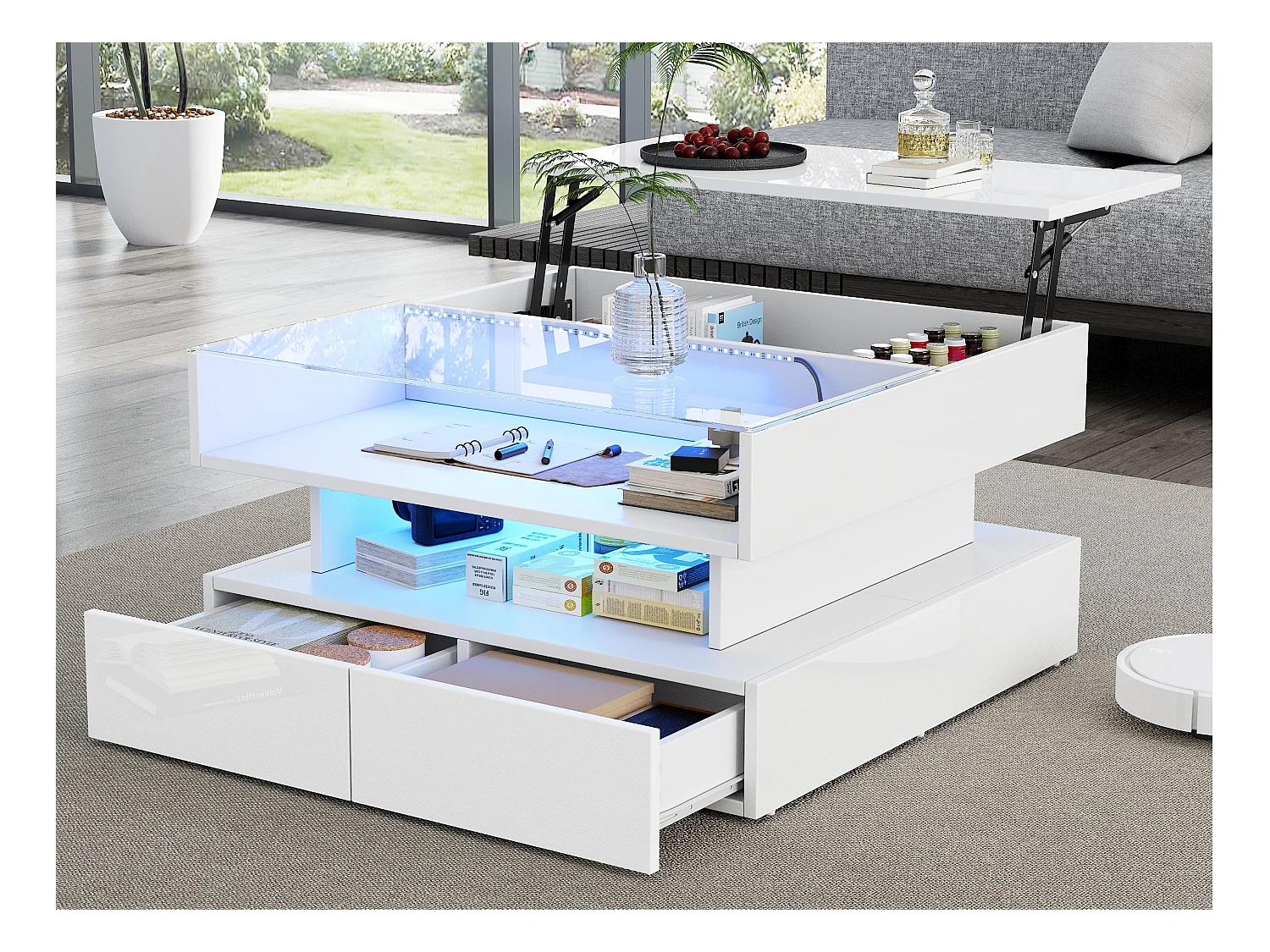 Table basse relevable 80x80x45 cm - 2 tiroirs - avec LED - Finition brillante - Verre trempé - Blanc