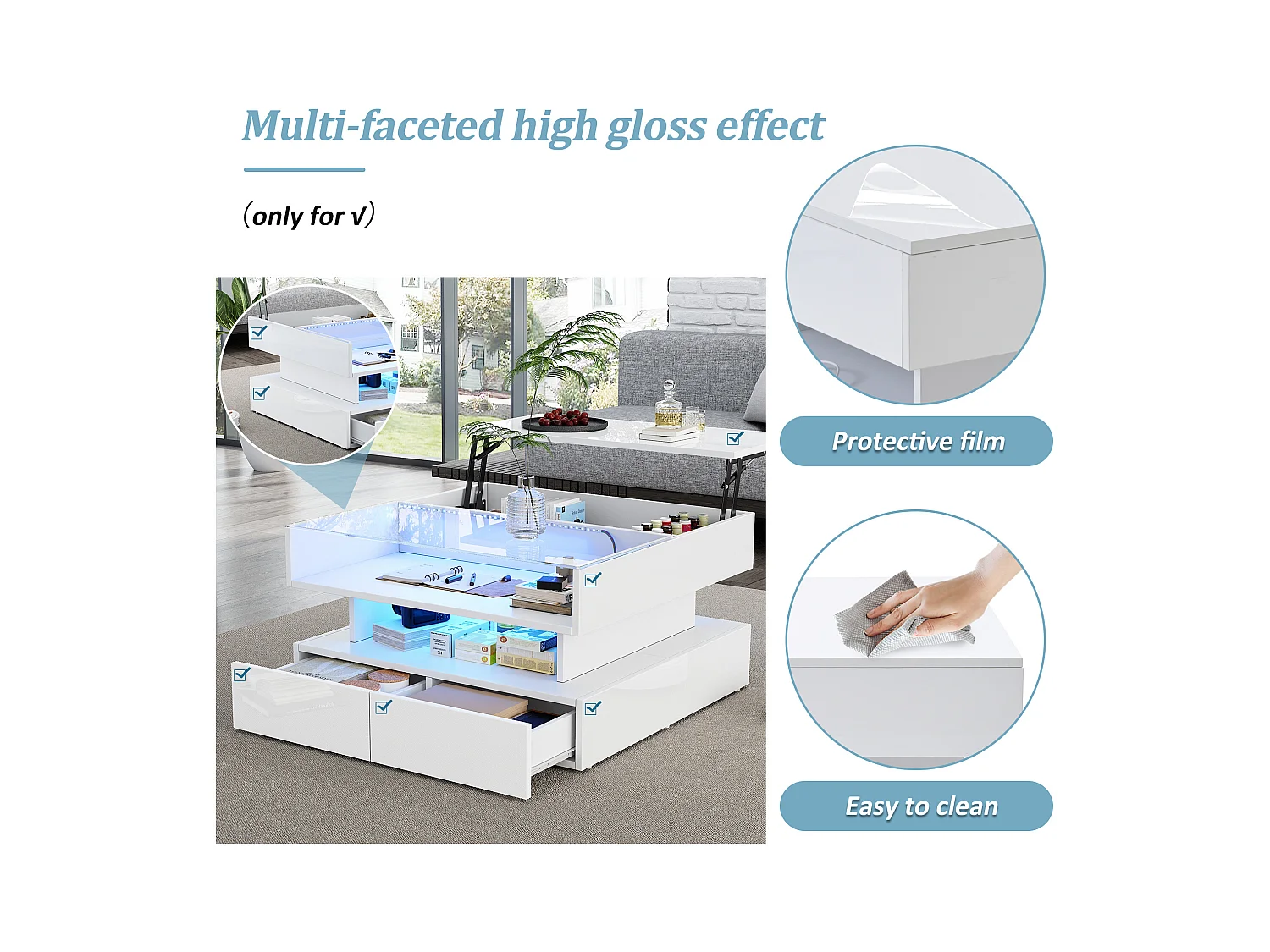 Table basse relevable 80x80x45 cm - 2 tiroirs - avec LED - Finition brillante - Verre trempé - Blanc