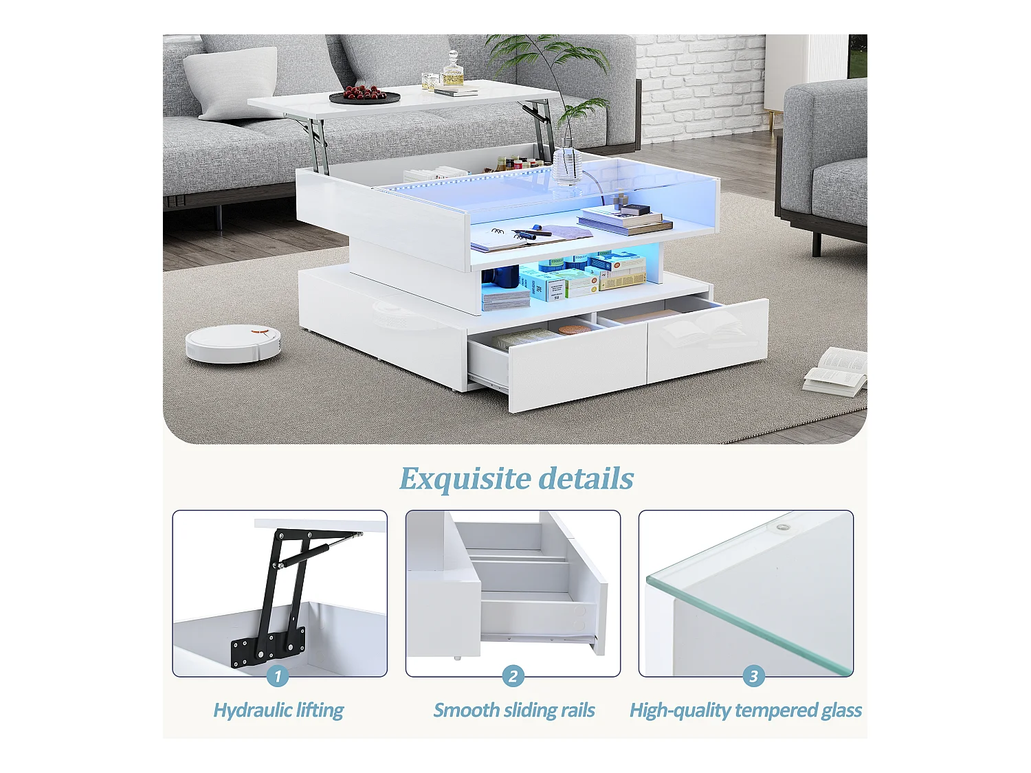 Table basse relevable 80x80x45 cm - 2 tiroirs - avec LED - Finition brillante - Verre trempé - Blanc