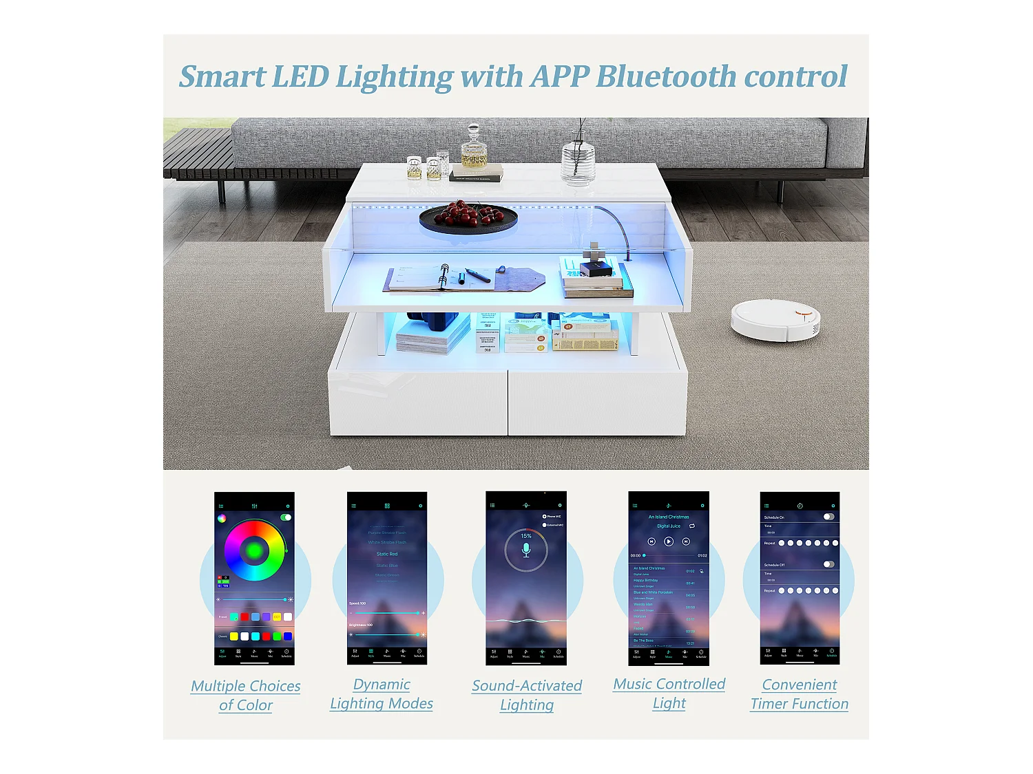 Mesa de centro elevatória 80x80x45 cm - 2 gavetas - com LED - Acabamento brilhante - Vidro temperado - Branco