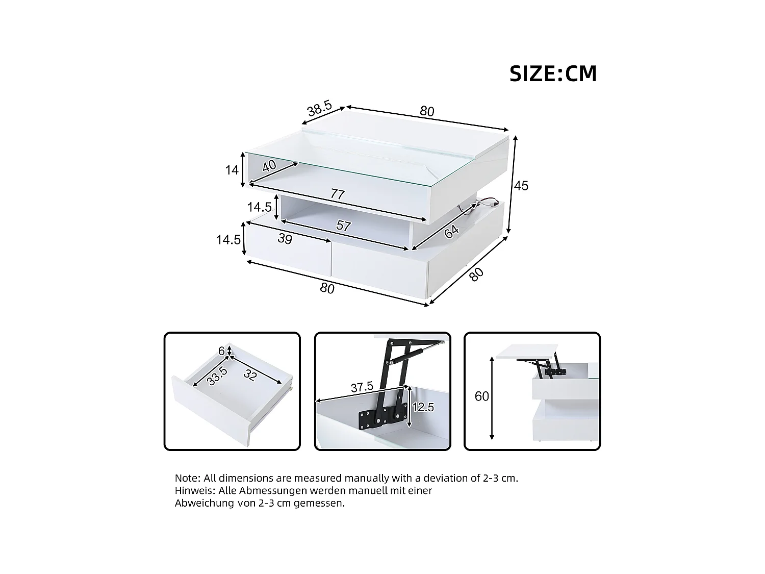 Mesa de centro elevatória 80x80x45 cm - 2 gavetas - com LED - Acabamento brilhante - Vidro temperado - Branco