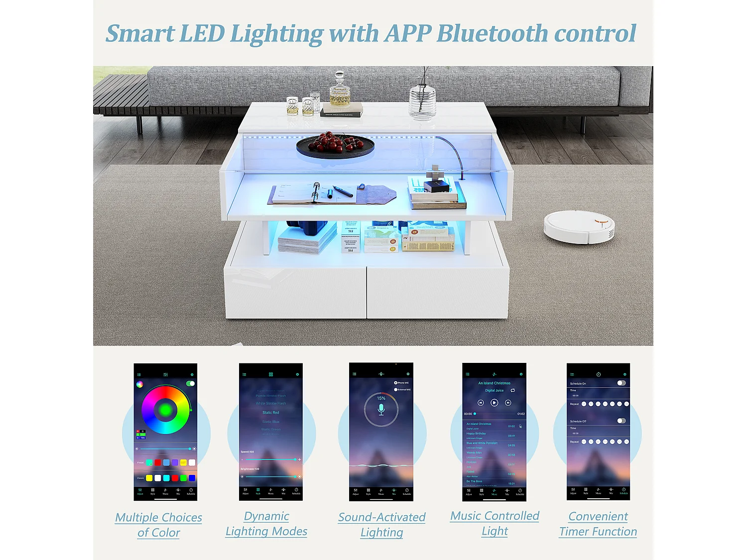 Höhenverstellbarer Couchtisch 80x80x45 cm - 2 Schubladen - mit LED - Hochglanzfinish - Sicherheitsglas - Weiß