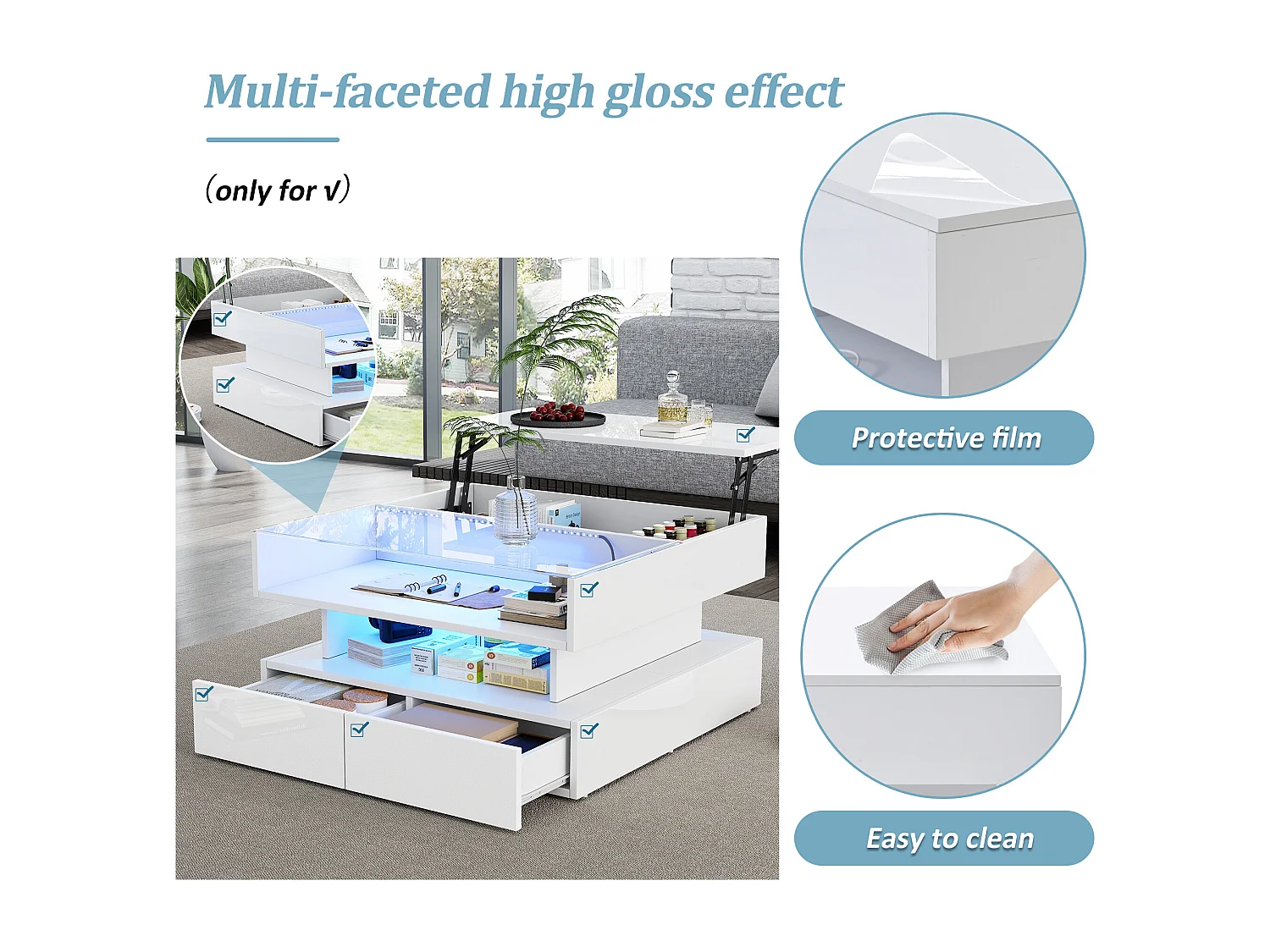 Höhenverstellbarer Couchtisch 80x80x45 cm - 2 Schubladen - mit LED - Hochglanzfinish - Sicherheitsglas - Weiß