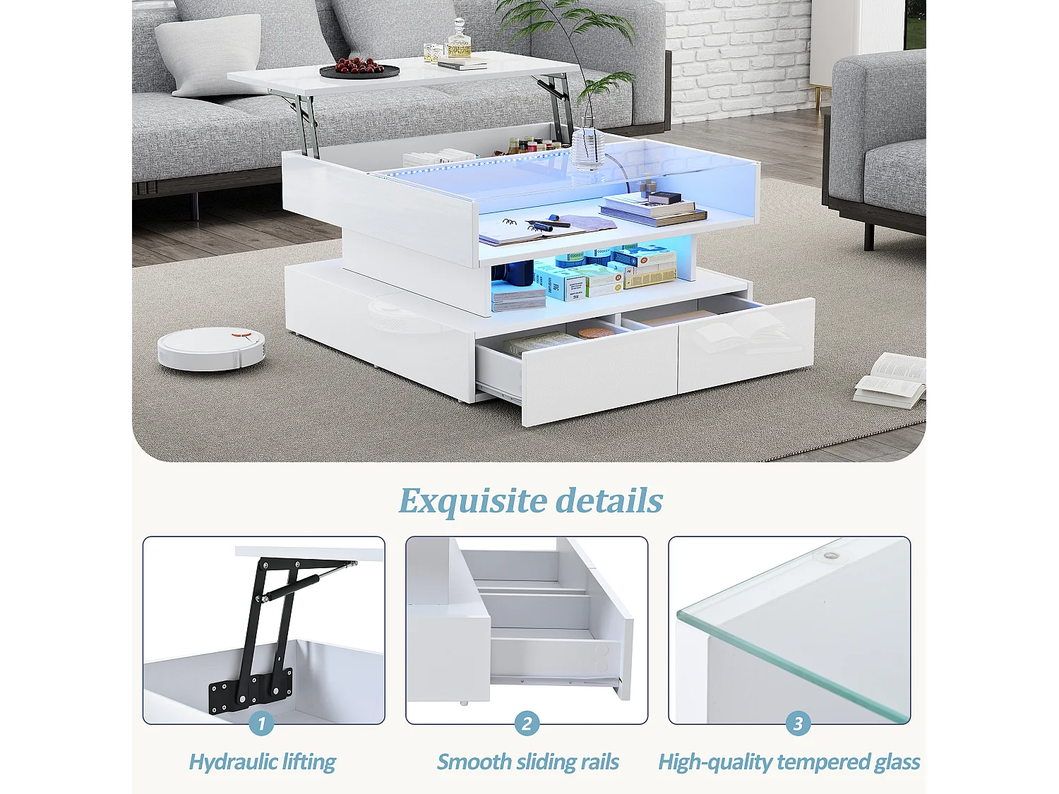 Höhenverstellbarer Couchtisch 80x80x45 cm - 2 Schubladen - mit LED - Hochglanzfinish - Sicherheitsglas - Weiß