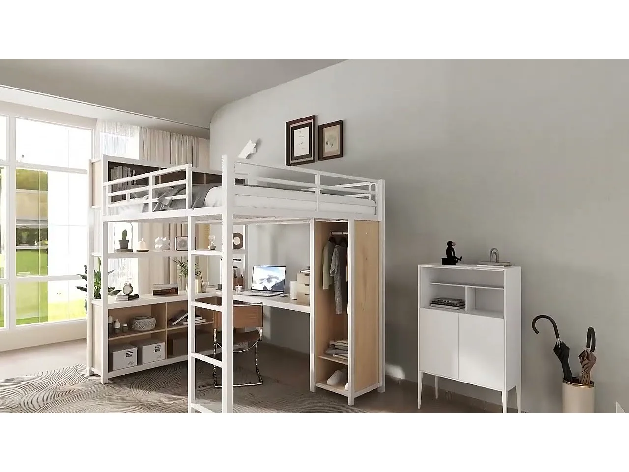 Letto mezzanina 140x200 cm - con scrivania e ripiano di archiviazione - con guardaroba - con scala - Metallo + pannelli di particelle - Bianco + Naturale