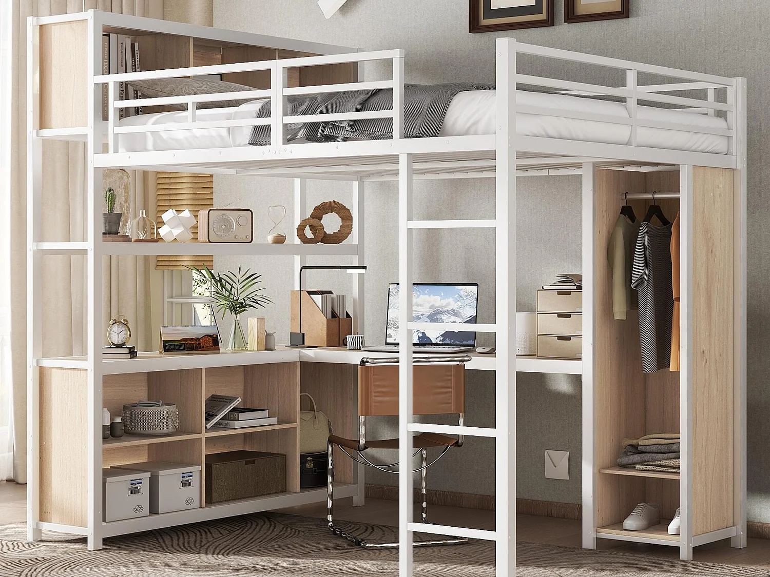 Letto mezzanina 140x200 cm - con scrivania e ripiano di archiviazione - con guardaroba - con scala - Metallo + pannelli di particelle - Bianco + Naturale