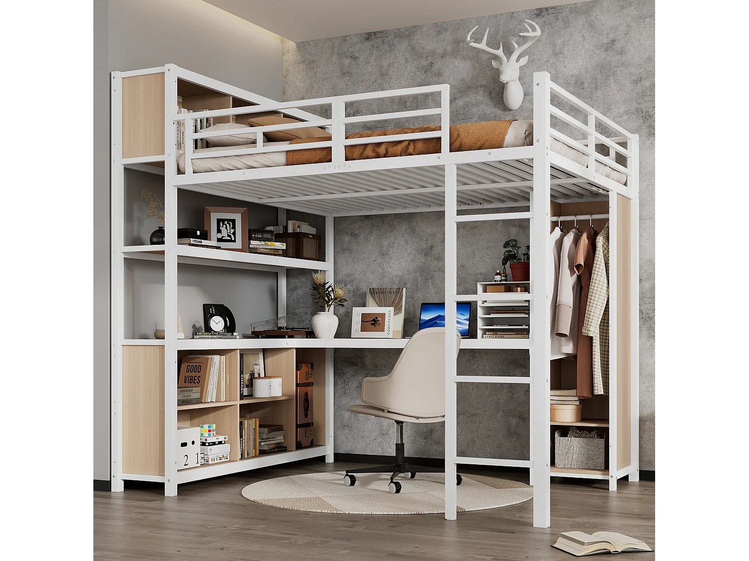 Letto mezzanina 140x200 cm - con scrivania e ripiano di archiviazione - con guardaroba - con scala - Metallo + pannelli di particelle - Bianco + Naturale