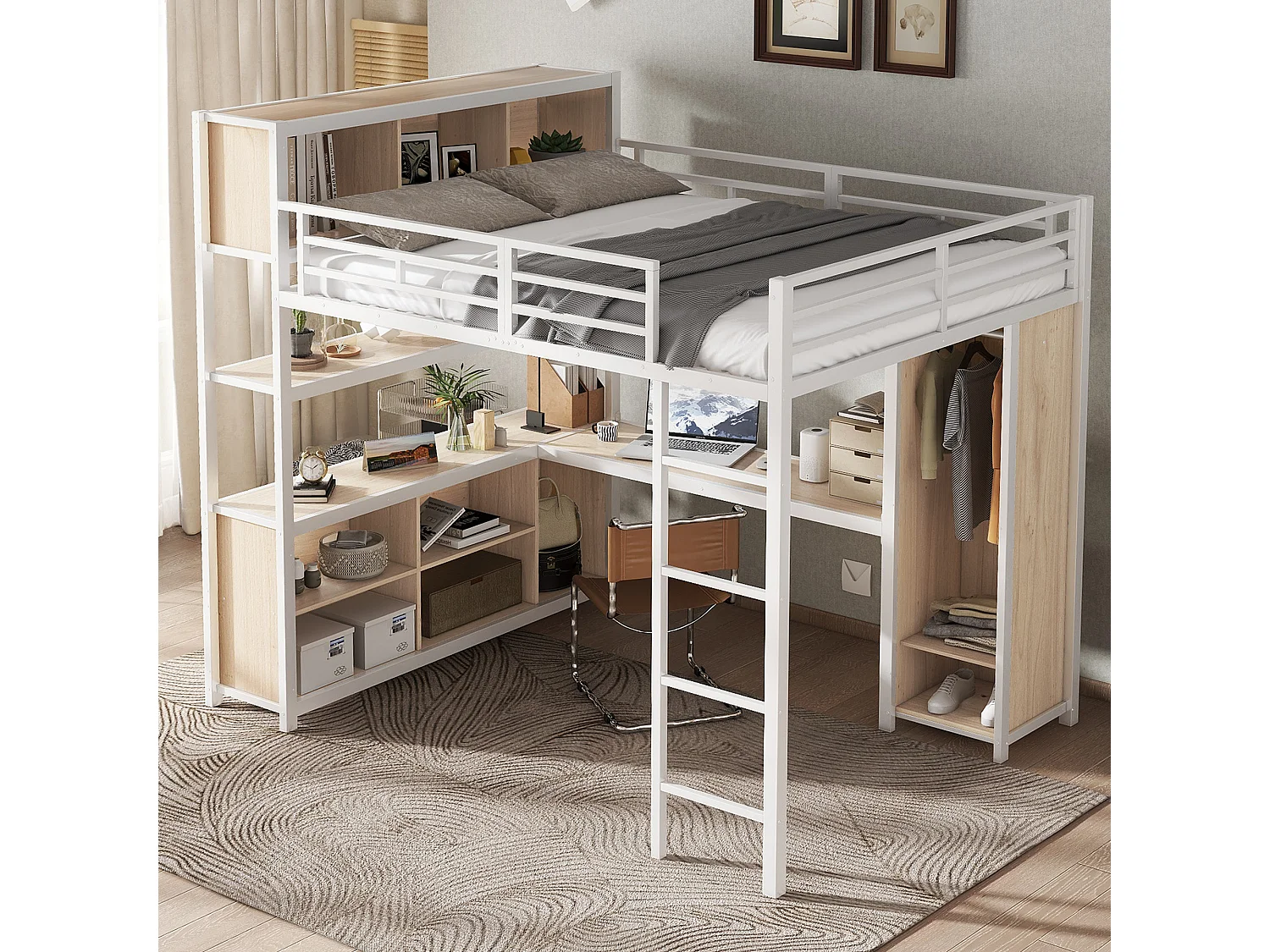 Letto mezzanina 140x200 cm - con scrivania e ripiano di archiviazione - con guardaroba - con scala - Metallo + pannelli di particelle - Bianco + Naturale