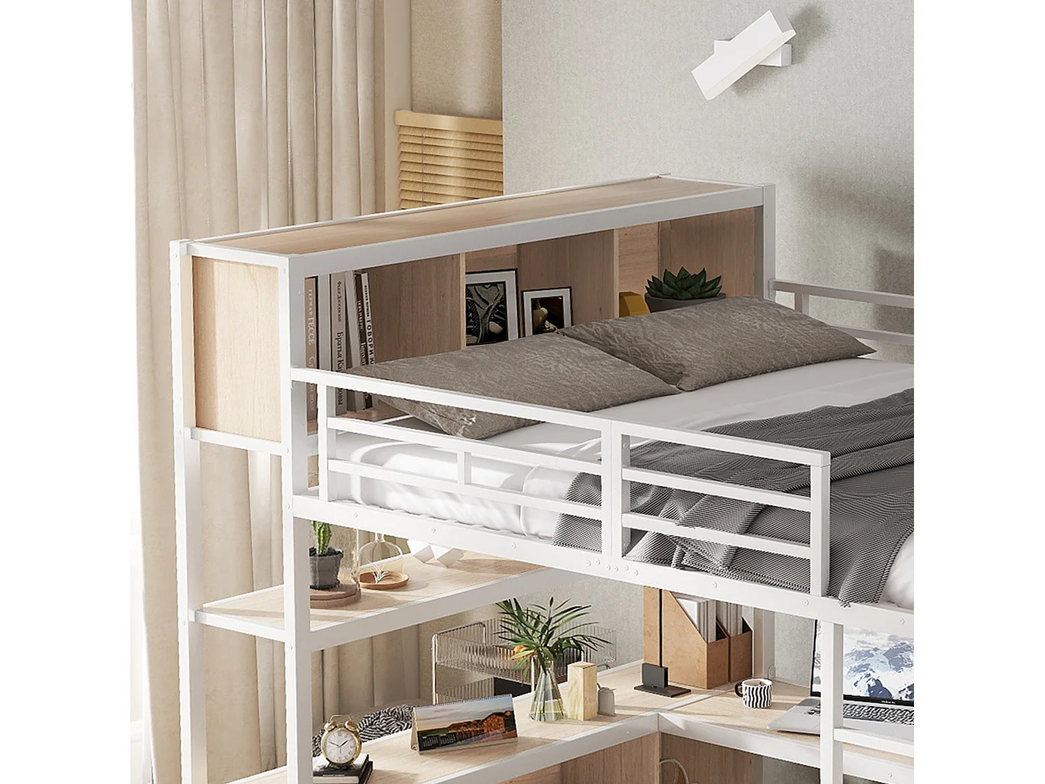 Letto mezzanina 140x200 cm - con scrivania e ripiano di archiviazione - con guardaroba - con scala - Metallo + pannelli di particelle - Bianco + Naturale