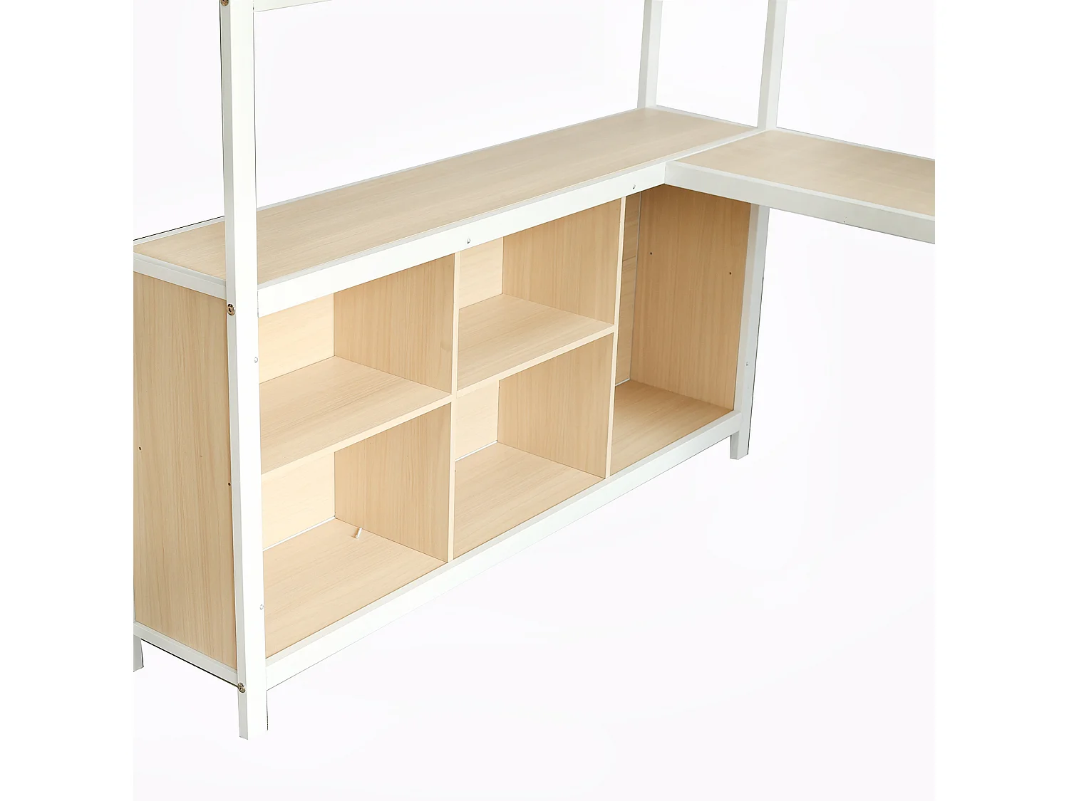 Letto mezzanina 140x200 cm - con scrivania e ripiano di archiviazione - con guardaroba - con scala - Metallo + pannelli di particelle - Bianco + Naturale