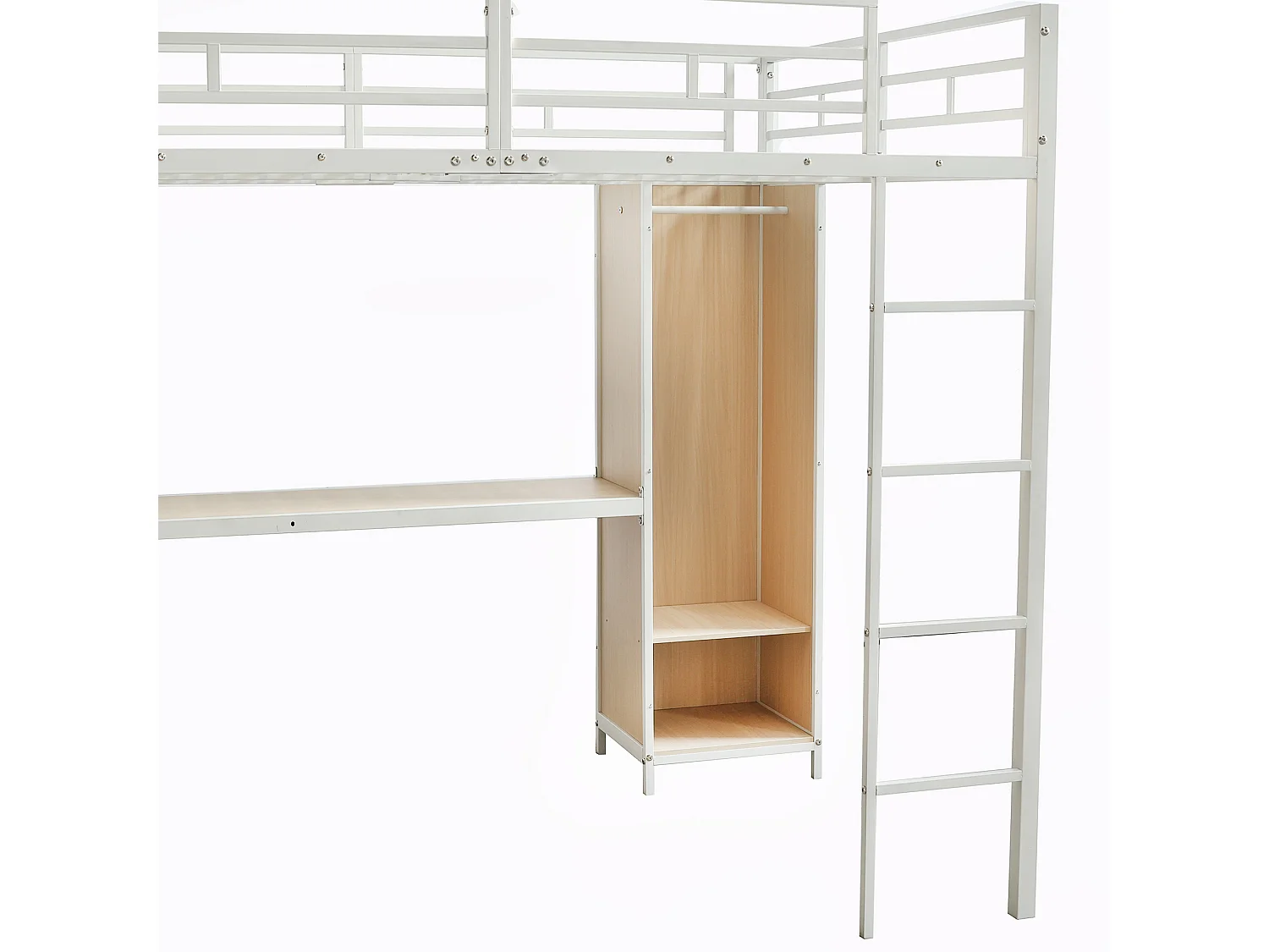 Letto mezzanina 140x200 cm - con scrivania e ripiano di archiviazione - con guardaroba - con scala - Metallo + pannelli di particelle - Bianco + Naturale