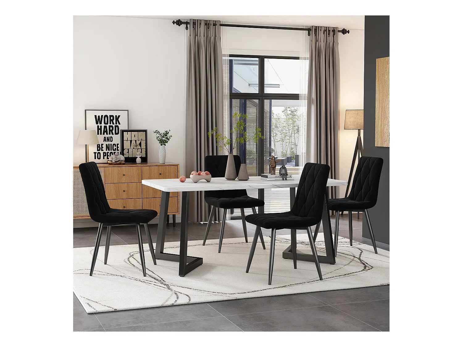 Lot de 4 chaises de salle à manger en velours noir avec dossier rembourré, pieds en métal