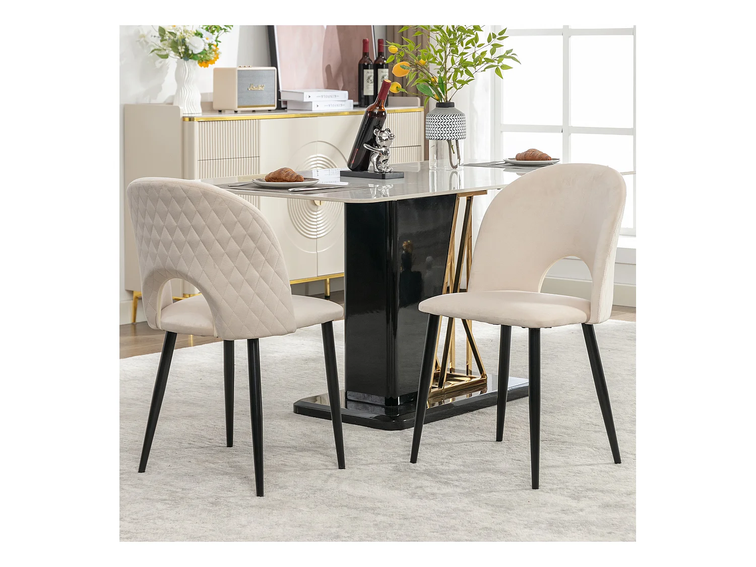 Lot de 2 chaises de salle à manger en velours beige avec dossier et pieds réglables