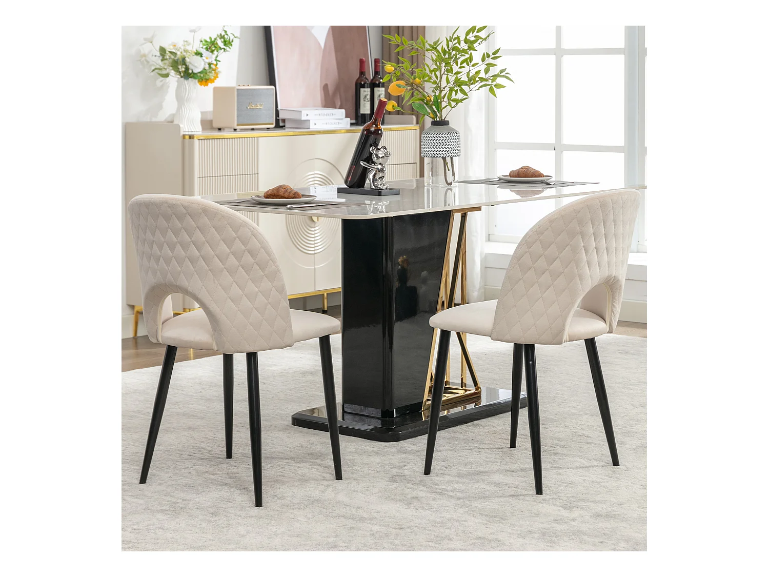 Lot de 2 chaises de salle à manger en velours beige avec dossier et pieds réglables