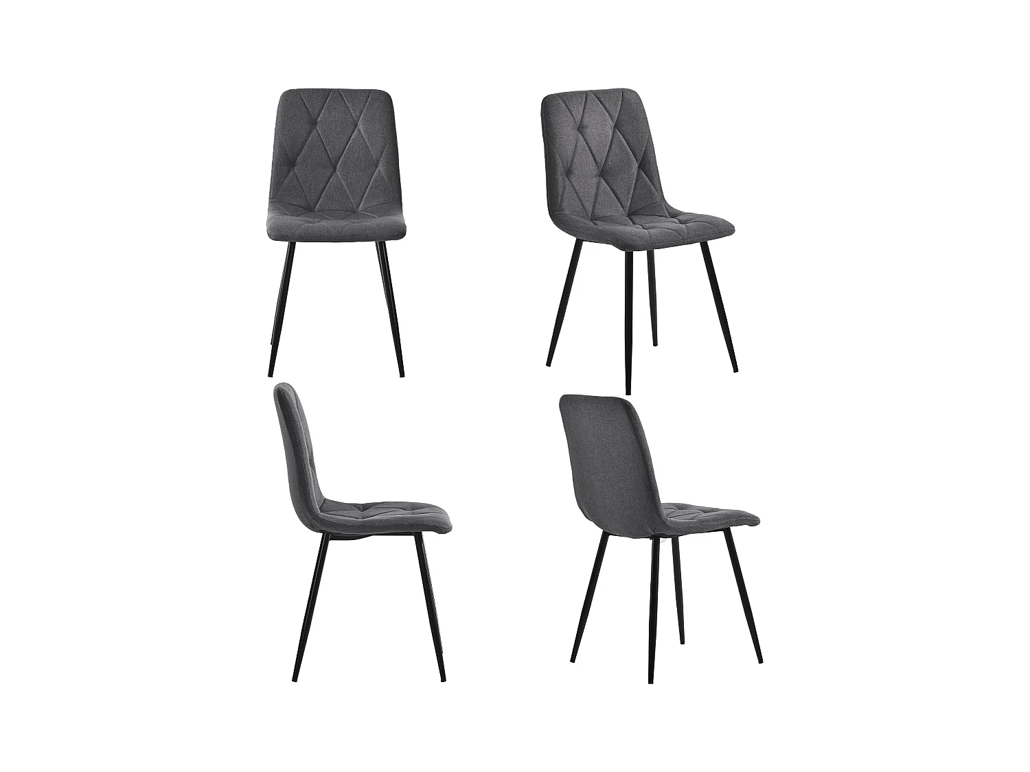 Lot de 4 chaises de salle à manger en lin gris foncé avec dossier rembourré, pieds en métal noir