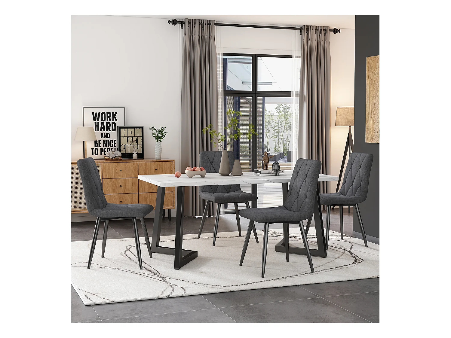 Lot de 4 chaises de salle à manger en lin gris foncé avec dossier rembourré, pieds en métal noir