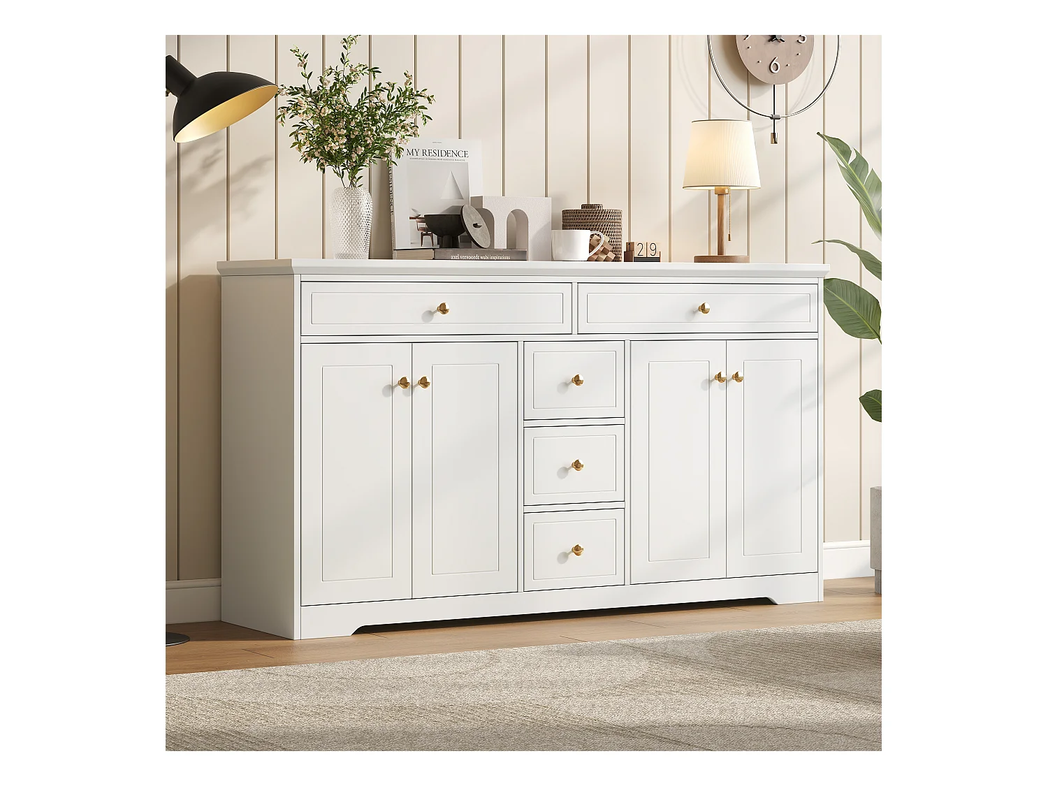 Buffet blanc avec 4 portes et 5 tiroirs de rangement avec étagères réglables - pour salon