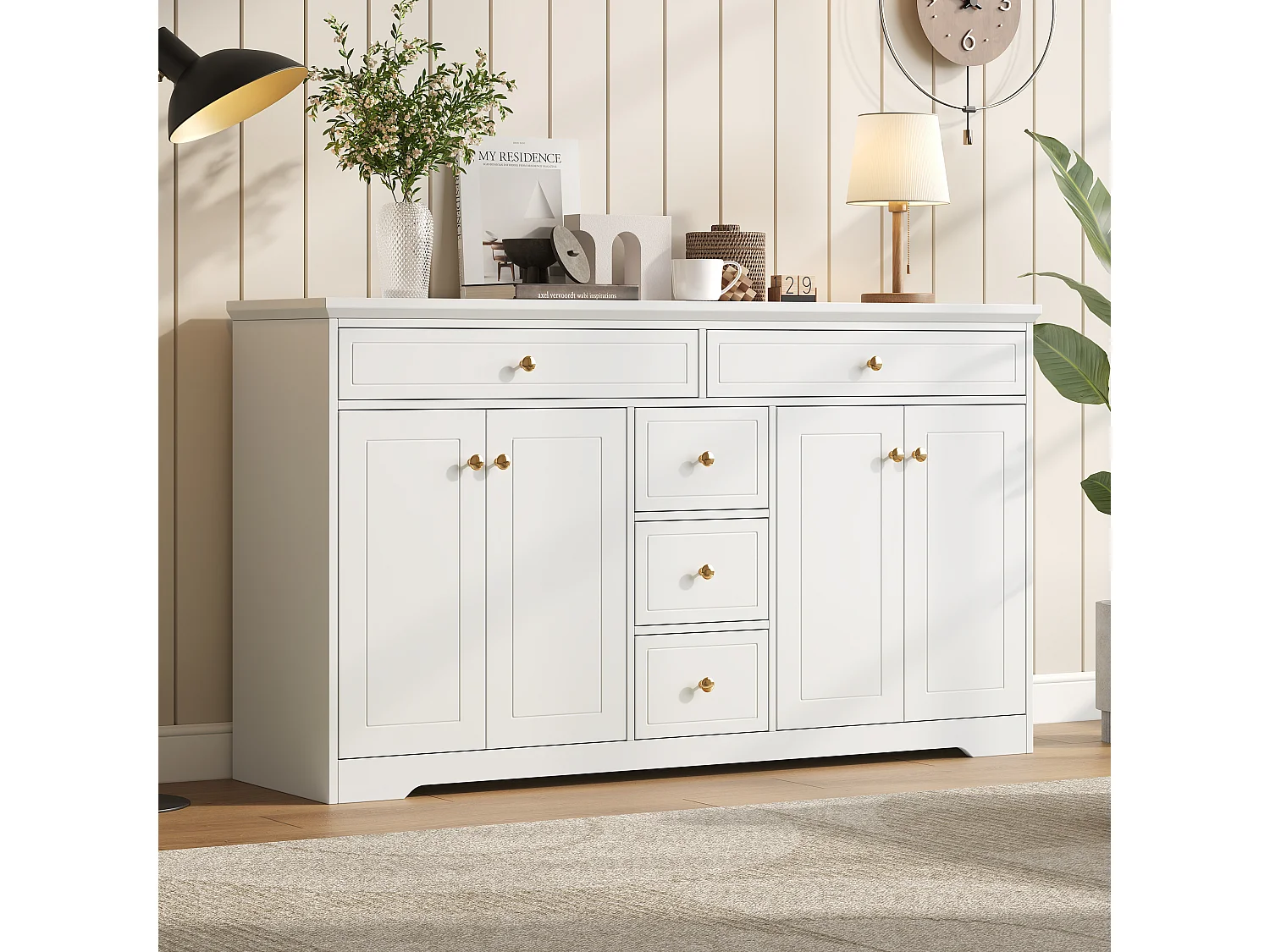 Buffet blanc avec 4 portes et 5 tiroirs de rangement avec étagères réglables - pour salon