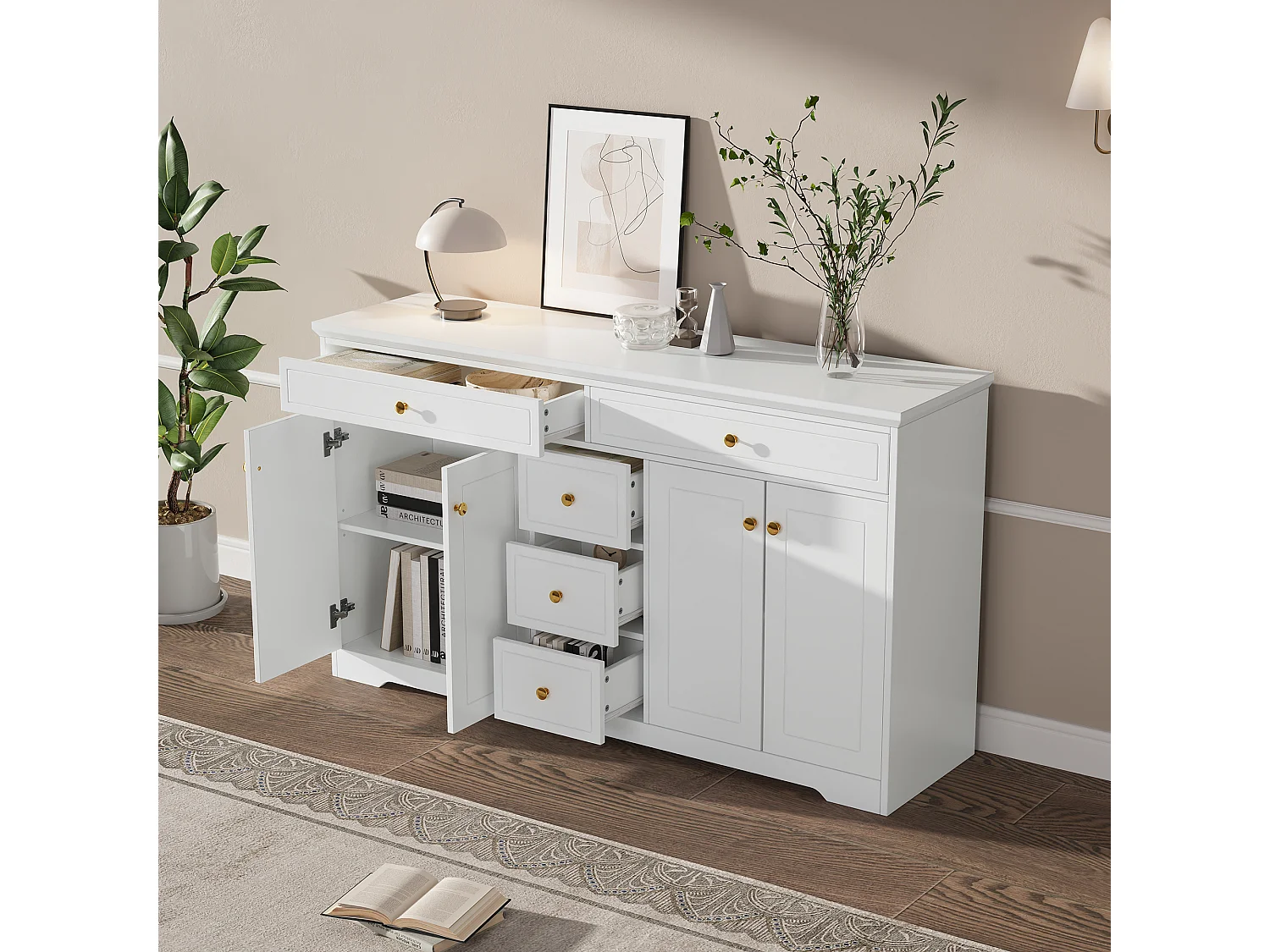 Buffet blanc avec 4 portes et 5 tiroirs de rangement avec étagères réglables - pour salon