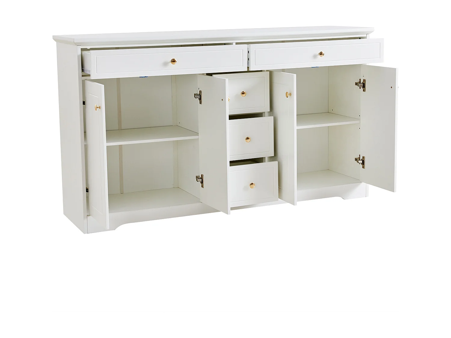 Buffet blanc avec 4 portes et 5 tiroirs de rangement avec étagères réglables - pour salon