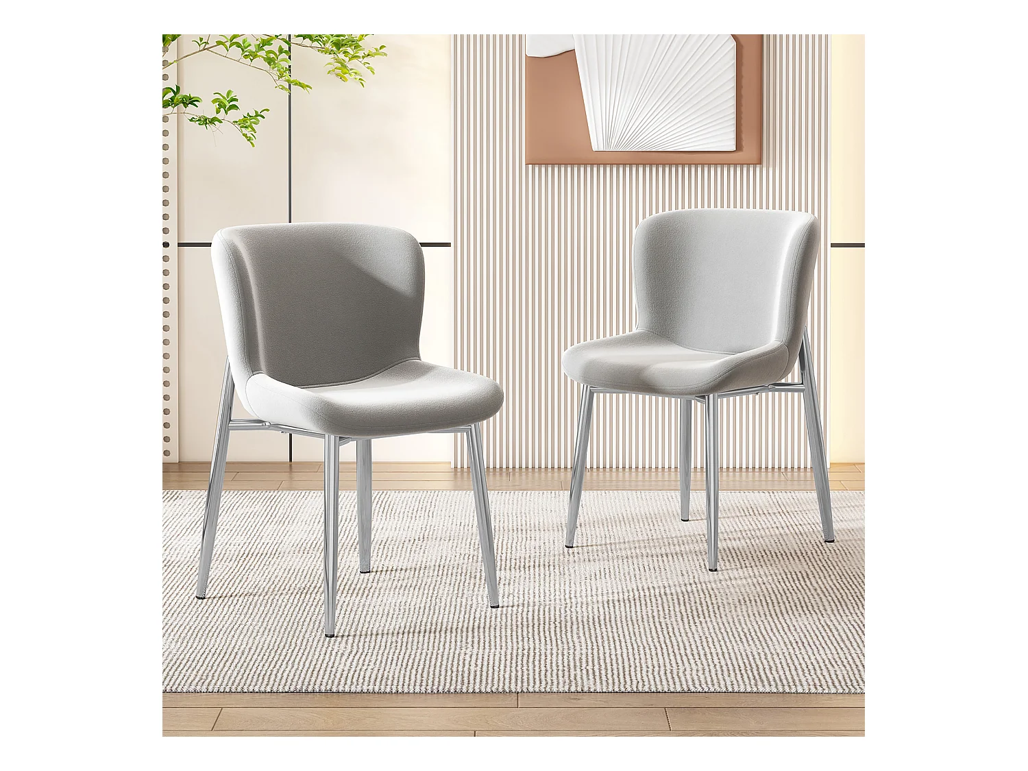 Lot de 2 chaises de salle à manger en velours gris, dossier rembourré et pieds en métal argenté