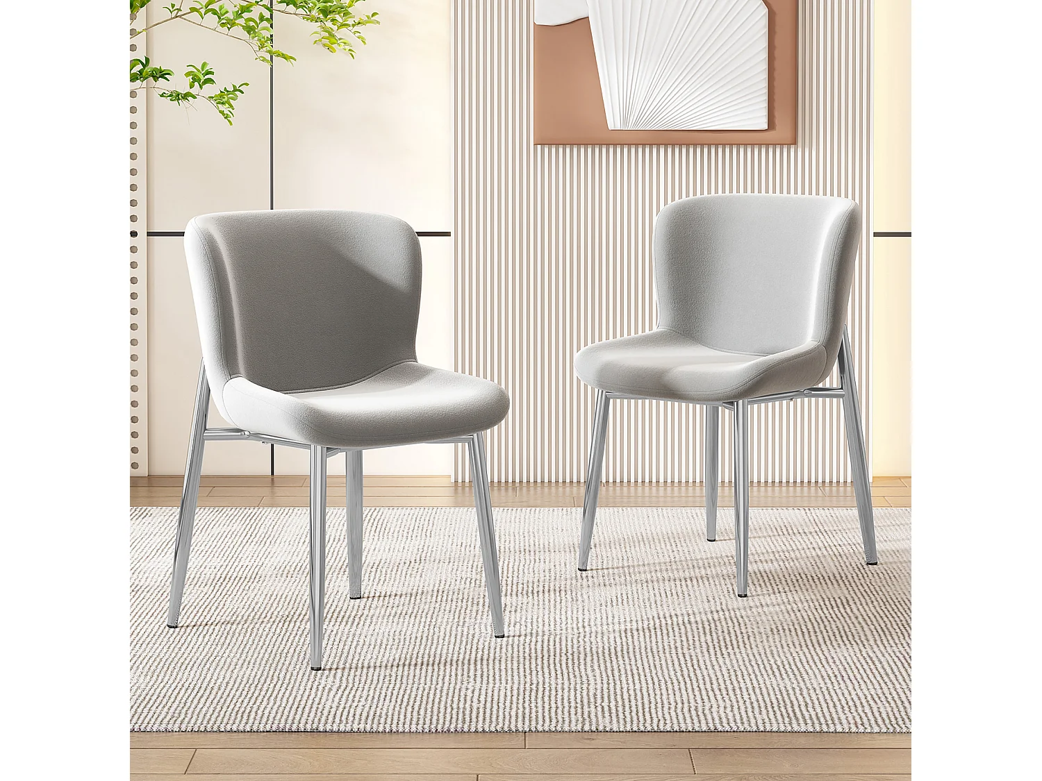 Lot de 2 chaises de salle à manger en velours gris, dossier rembourré et pieds en métal argenté