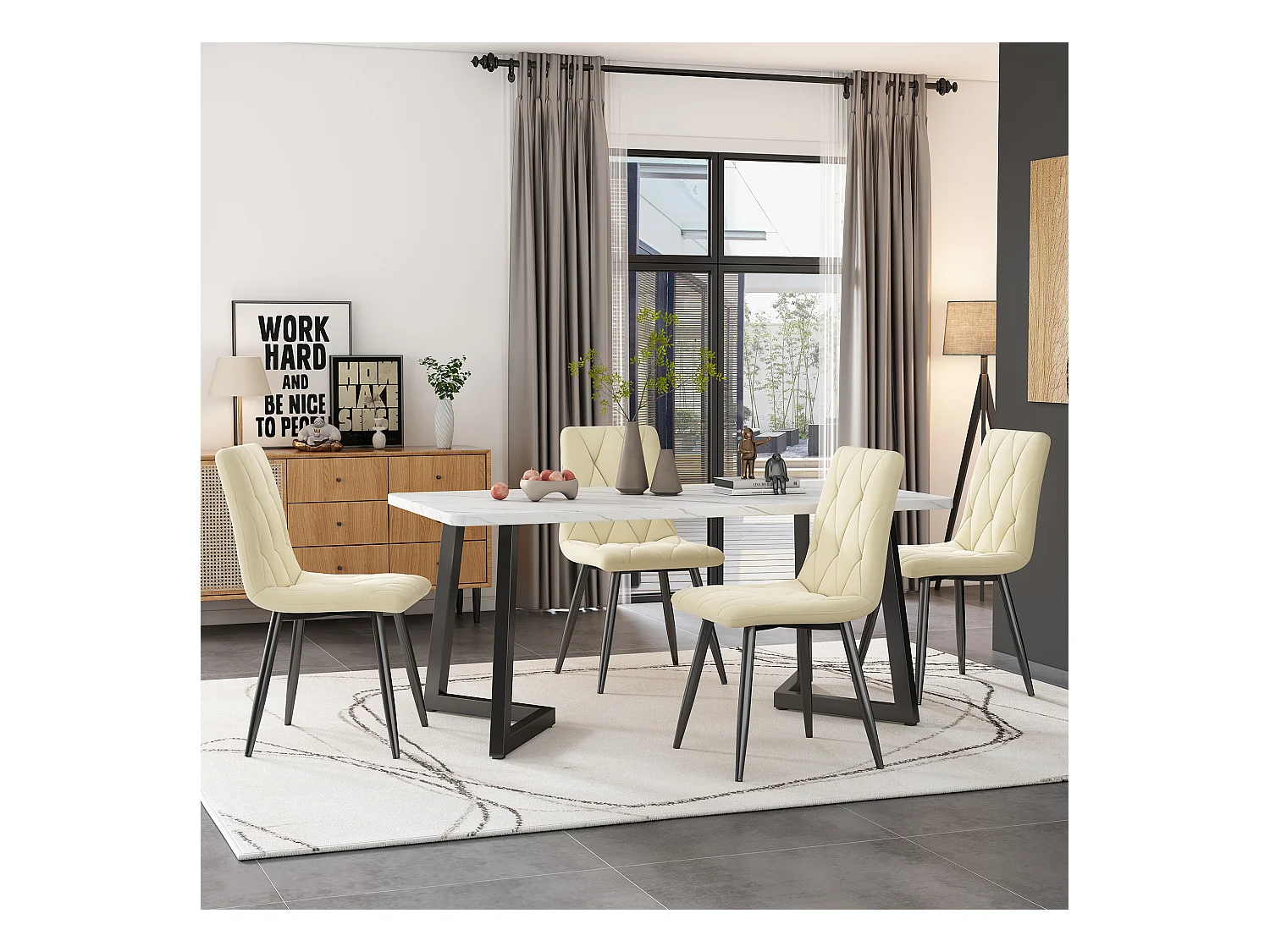 Lot de 4 chaises de salle à manger en velours beige avec dossier rembourré, pieds en métal noir