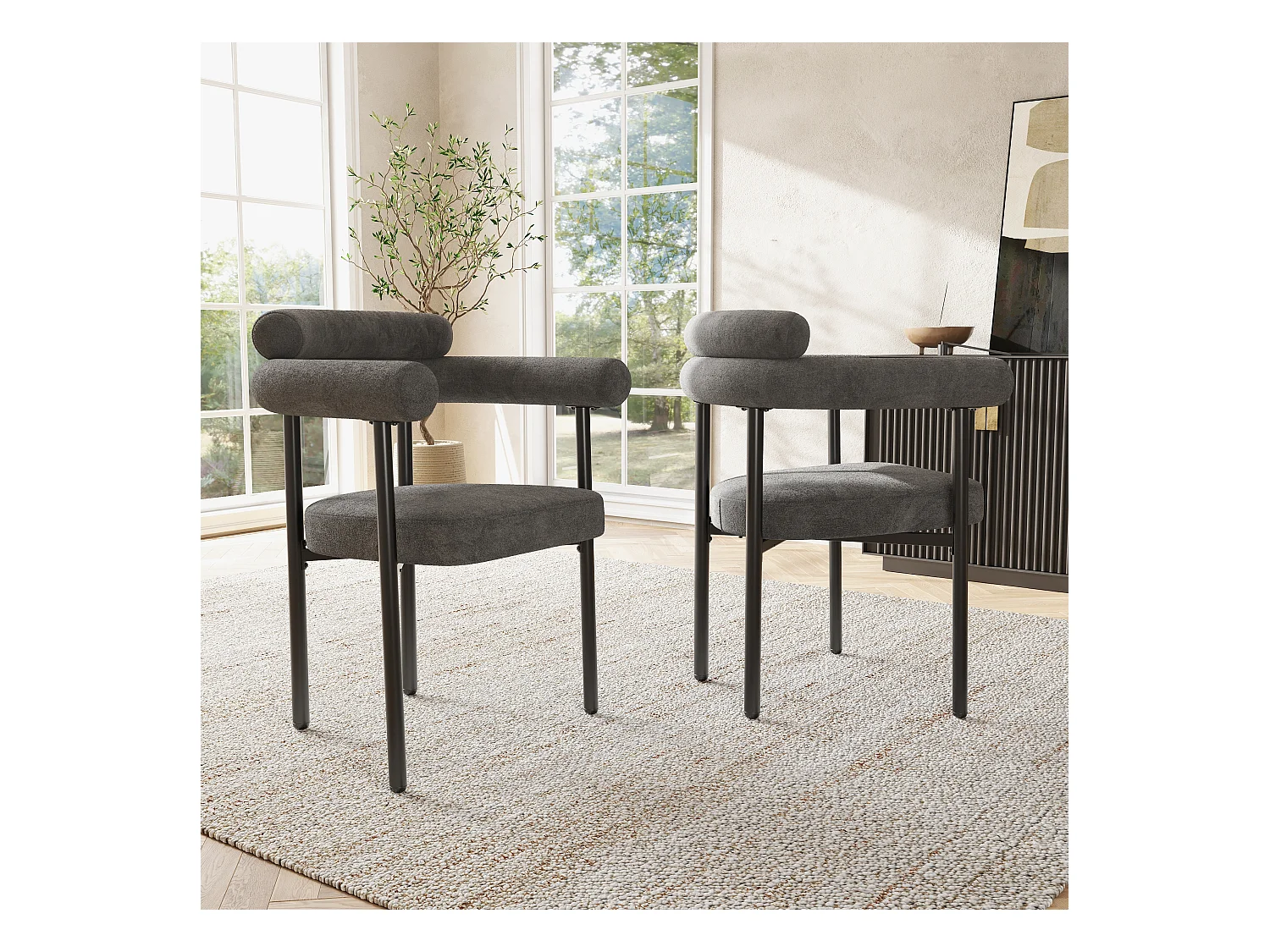 Lot de 2 chaises de salle à manger avec dossier en boucle et accoudoirs - tissu peluche gris foncé